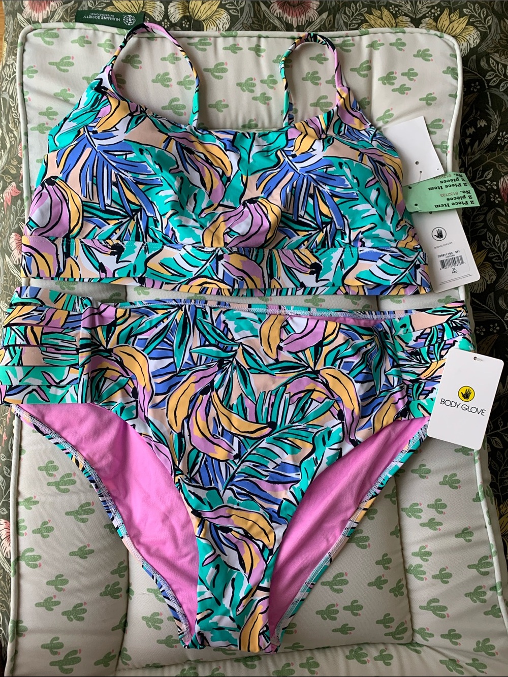 Body Glove Teal, Pink & Yellow Tropical Leaf Bikini Set